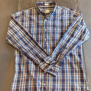 Peter Millar Men's Blue and White Plaid Button Down Shirt